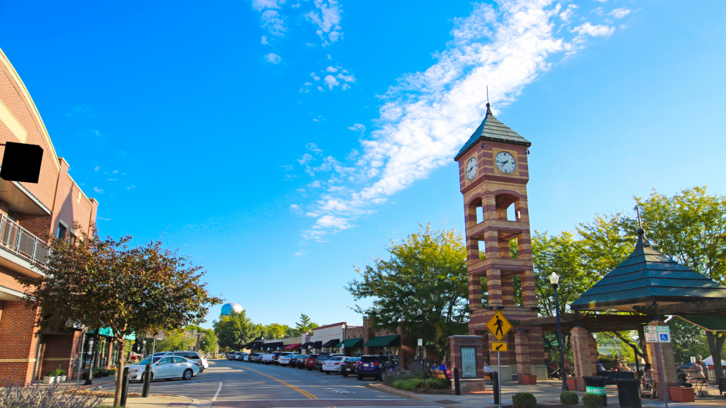 Downtown Overland Park Kansas with clock tower - serving local families with chiropractic care