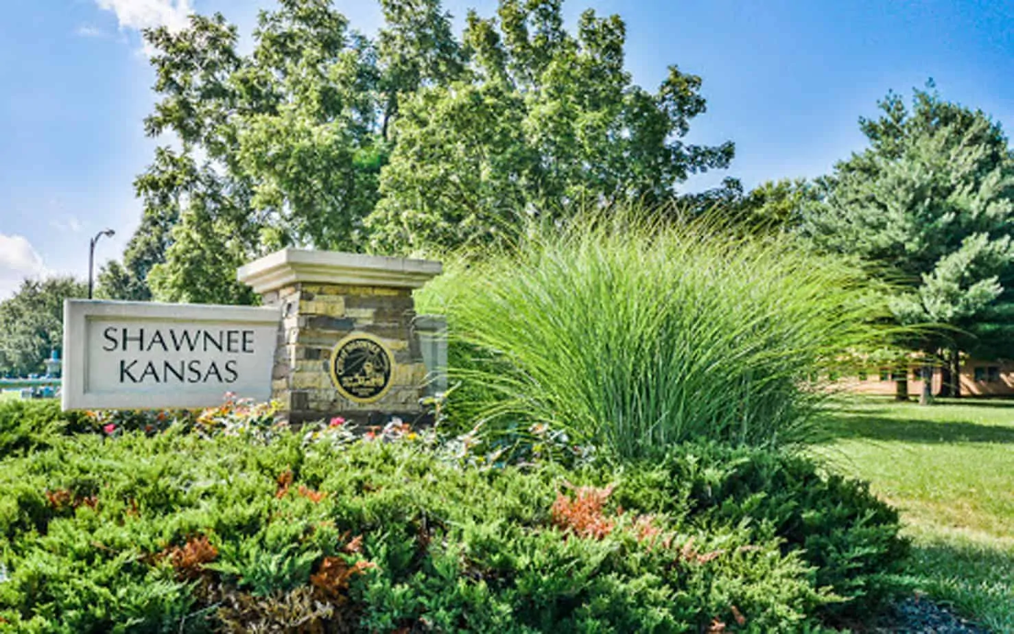 Shawnee Kansas city sign with beautiful landscaping